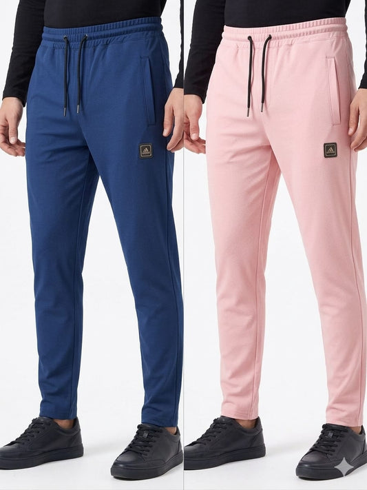 Premium Men’s Slim-Fit Interlock Cotton Tracksuit Trousers – Pack of 2 (Navy Blue & Soft Pink)